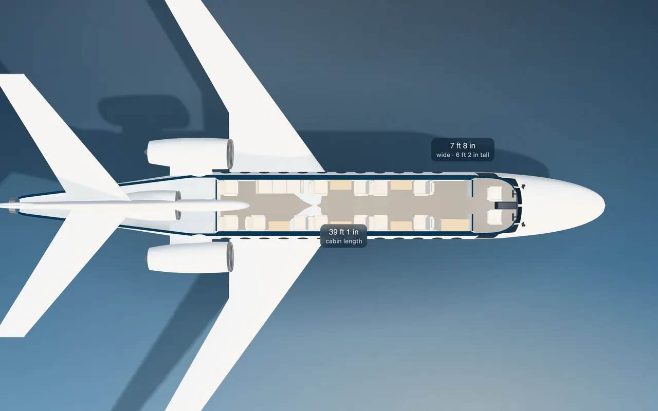 Dassault Falcon 7X 3D seat map illustration: plan view cut through the 39 ft 1 in cabin, with a representative 15-seat layout.