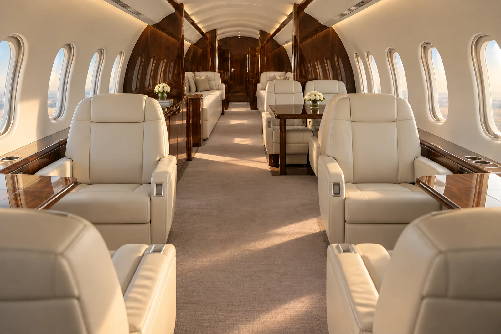 Dassault Falcon 7X cabin interior illustration: representative Falcon 7X cabin looking aft: forward club, port dining group and two aft divans; actual interiors vary.