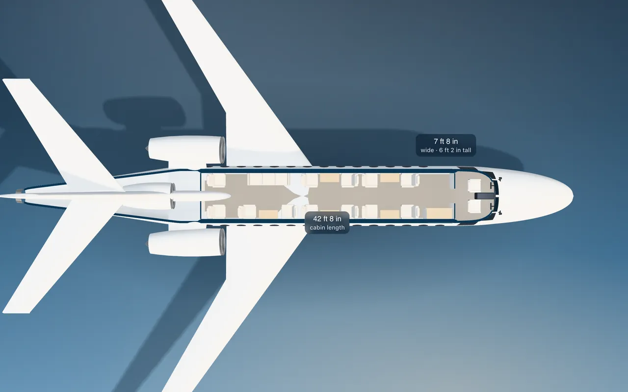 Dassault Falcon 8X 3D seat map illustration: plan view cut through the 42 ft 8 in cabin, with a representative 15-seat layout.