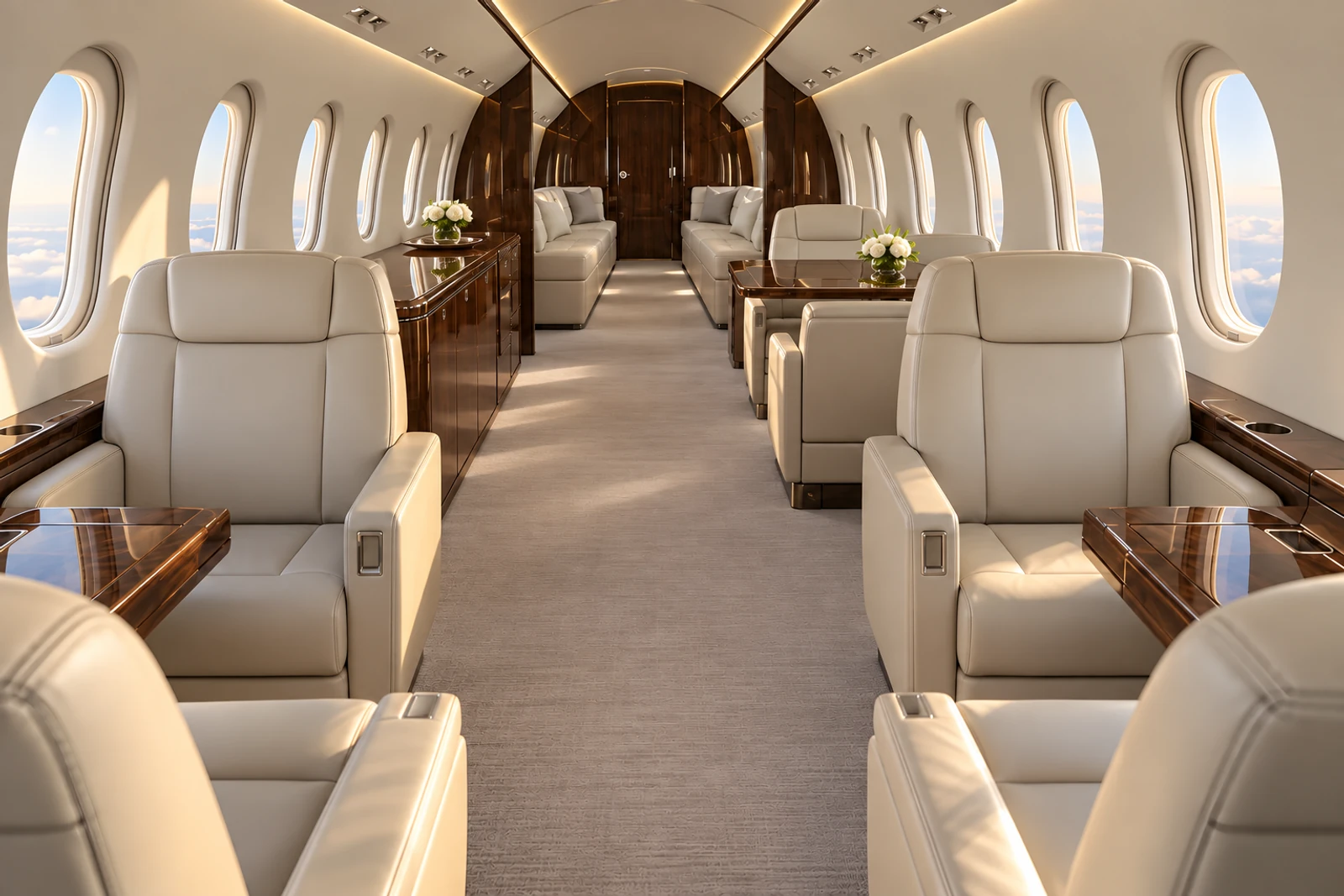 Dassault Falcon 8X cabin interior illustration: representative Falcon 8X cabin looking aft, with port dining group and two aft divans; actual interiors vary.