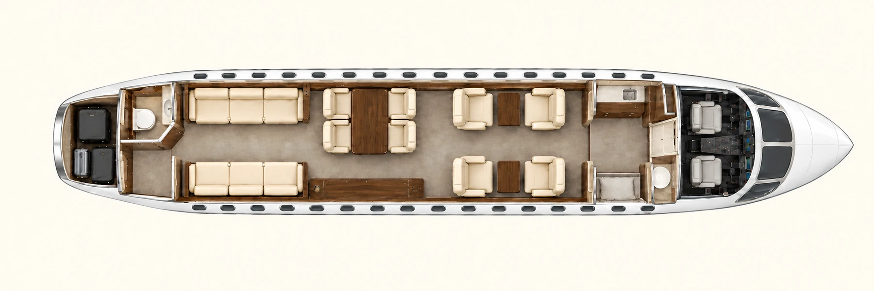 Dassault Falcon 8X seat map illustration: top-down view of the cabin. Representative 14-seat Falcon 8X layout: four club chairs, four dining chairs and two three-place divans. Crew seating is separate. Not the installed layout of this aircraft.