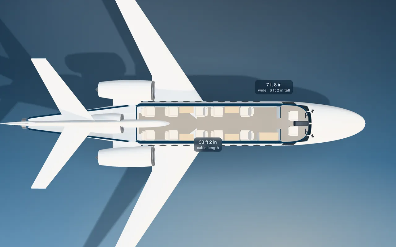 Dassault Falcon 900 3D seat map illustration: plan view cut through the 33 ft 2 in cabin, with a representative 10-seat layout.