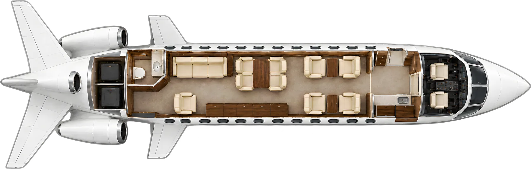 Dassault Falcon 900 seat map illustration: top-down view of the cabin. Typical 12-passenger layout: four club seats, four conference seats, a three-place divan opposite one chair, forward galley, aft lavatory.