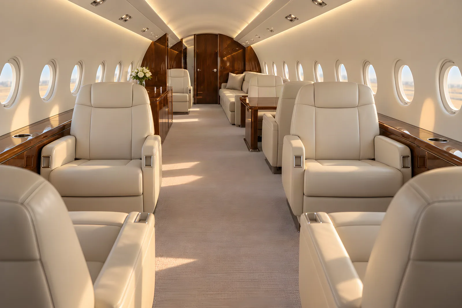 Dassault Falcon 900EX (certified family) cabin interior illustration: warm natural light illuminates cream leather club seats, a conference group and an aft divan in the spacious stand-up Dassault Falcon 900 cabin, viewed aft along the aisle with oval windows and wood veneer cabinetry.