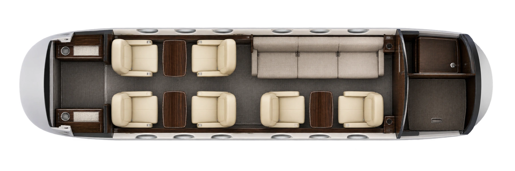 Dassault Mystere-Falcon 50 (engine unresolved) seat map illustration. Illustration of a representative nine-seat Falcon 50 completion based on the documented N626HJ cabin: four forward club chairs, two aft port chairs and a three-place starboard divan. Cockpit, crew and lavatory are separate. This is not an installed layout for aircraft on this page and does not establish a Falcon 50EX completion.