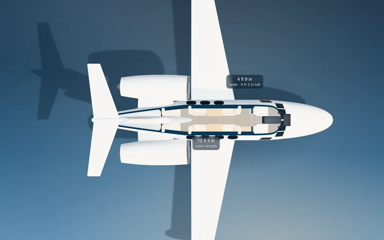 Eclipse 500 3D seat map illustration: plan view cut through the 12 ft 5 in cabin, with a representative 6-seat layout.