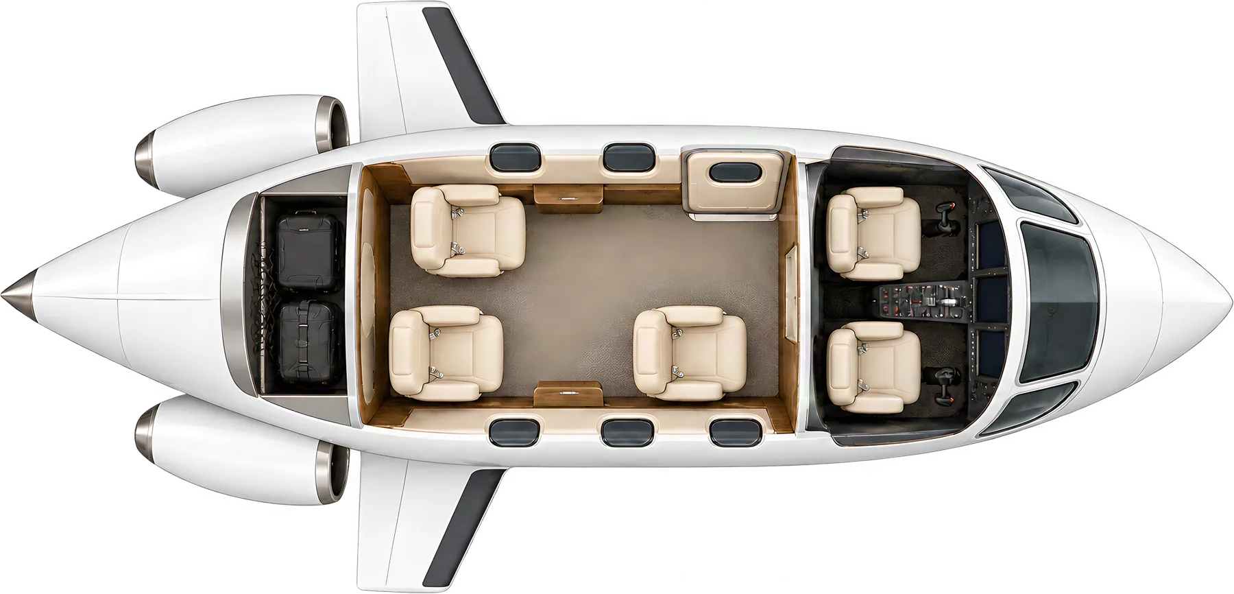 Eclipse 500 seat map illustration: top-down view of the cabin. Typical 3-passenger layout: three staggered forward-facing seats, aft baggage stowage, no galley or lavatory.