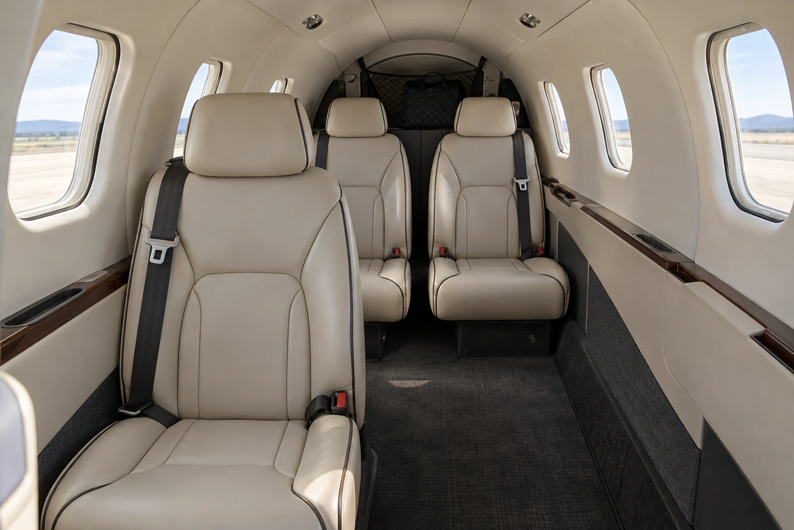 Eclipse EA500 cabin interior illustration: representative Eclipse cabin looking aft with three forward-facing cabin chairs. This is an illustration, not a photograph of this tail.