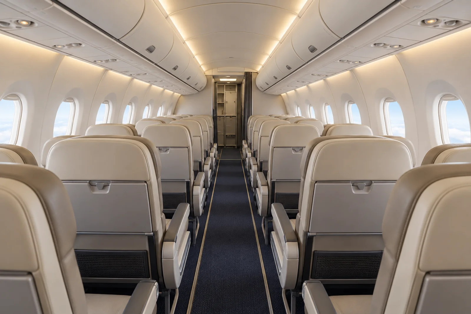 Embraer E175 cabin interior illustration: aI-generated illustration of a representative Embraer E175 cabin, looking forward through the 2+2 passenger seating.