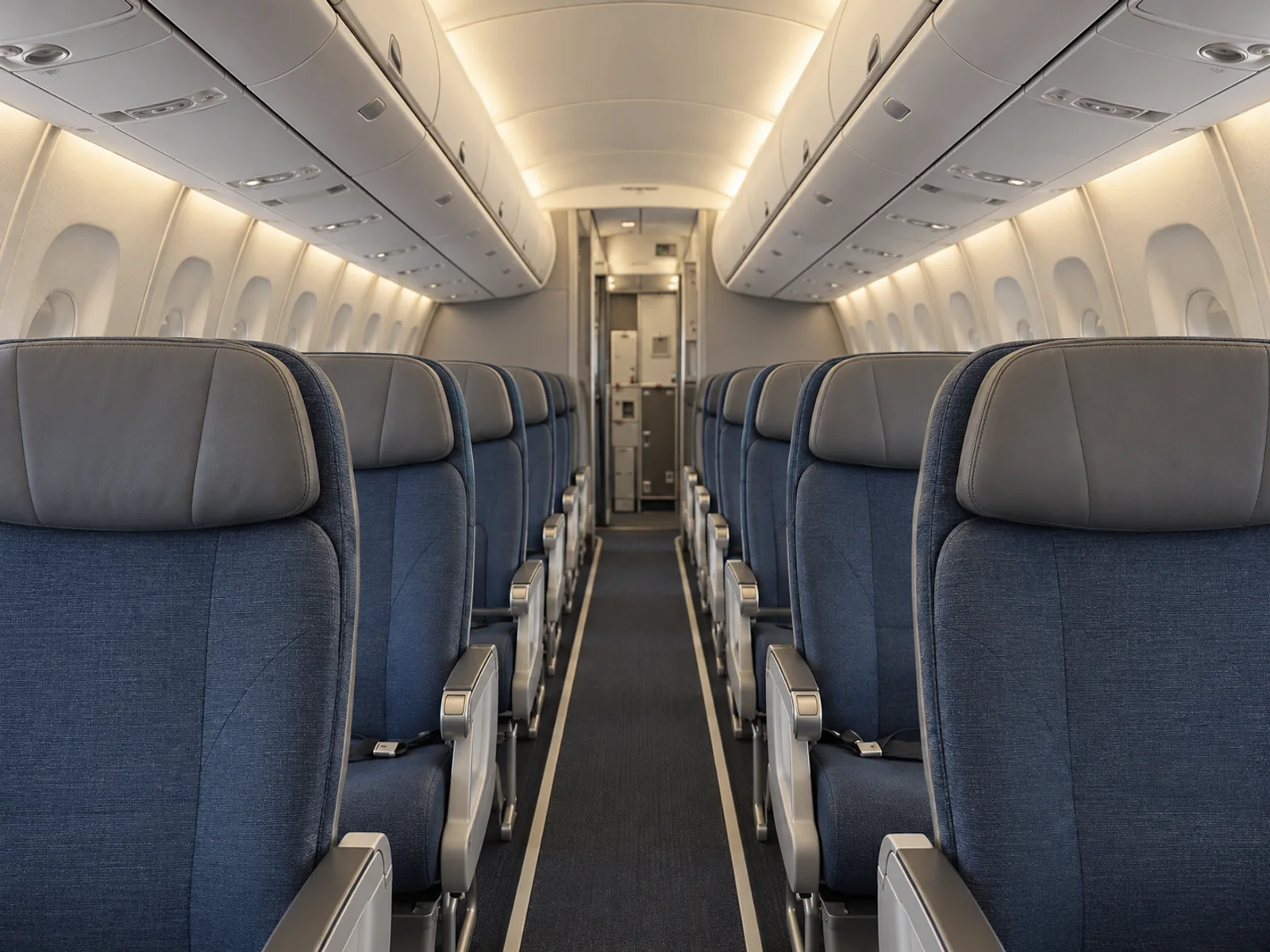Embraer E190 cabin interior illustration: aI-generated illustration of a representative Embraer E190 regional-jet cabin, looking forward through the 2+2 passenger seating.