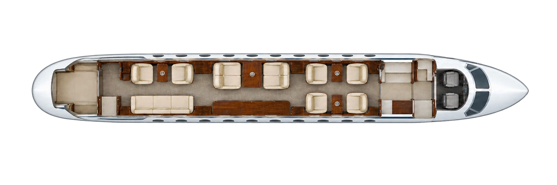 Embraer EMB-135BJ series seat map illustration: top-down view of the cabin. Thirteen main passenger places: four forward club chairs, four port conference chairs, three starboard aft divan places and two port aft chairs. Separate pilots and lavatories excluded. Named LX-OLA completion example; actual interiors vary.