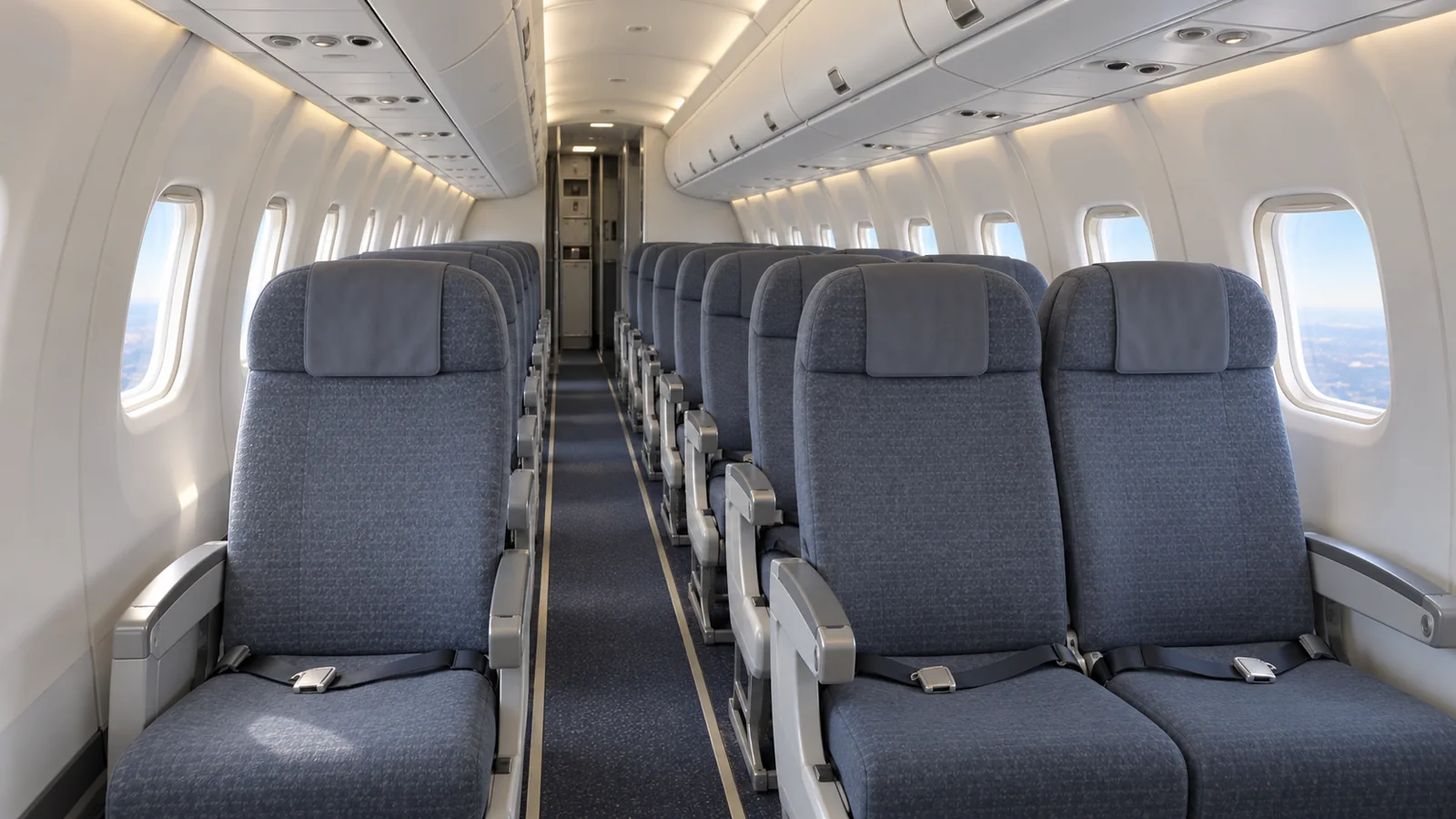 Embraer ERJ-145LR cabin interior illustration: aI-generated illustration of a representative Embraer ERJ-135/145 family cabin, looking forward through a 1+2 passenger seating arrangement.