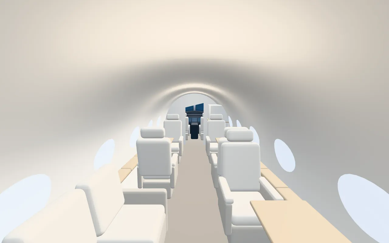 Embraer Legacy 500 3D cabin interior illustration looking forward: a representative 9-seat layout in a 6 ft 10 in wide, 6 ft tall cabin.