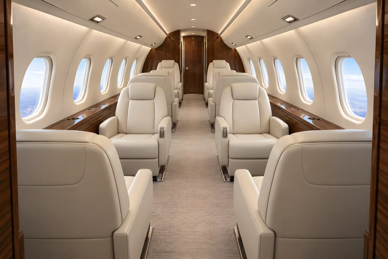Embraer Legacy 500 cabin interior illustration: a view looking aft through an Embraer Legacy 500 cabin shows eight cream leather chairs in two seating clubs, oval windows, wood side ledges and a clear aisle beneath a six-foot ceiling.