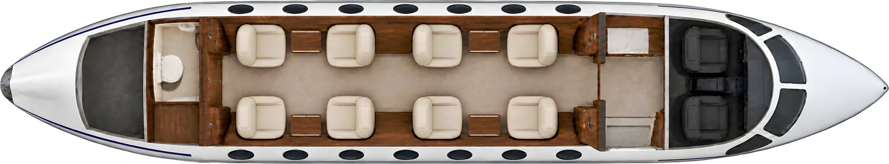 Embraer Legacy 500 seat map illustration: top-down view of the cabin. Typical 8-passenger layout: two four-seat clubs, forward galley, aft lavatory and baggage.