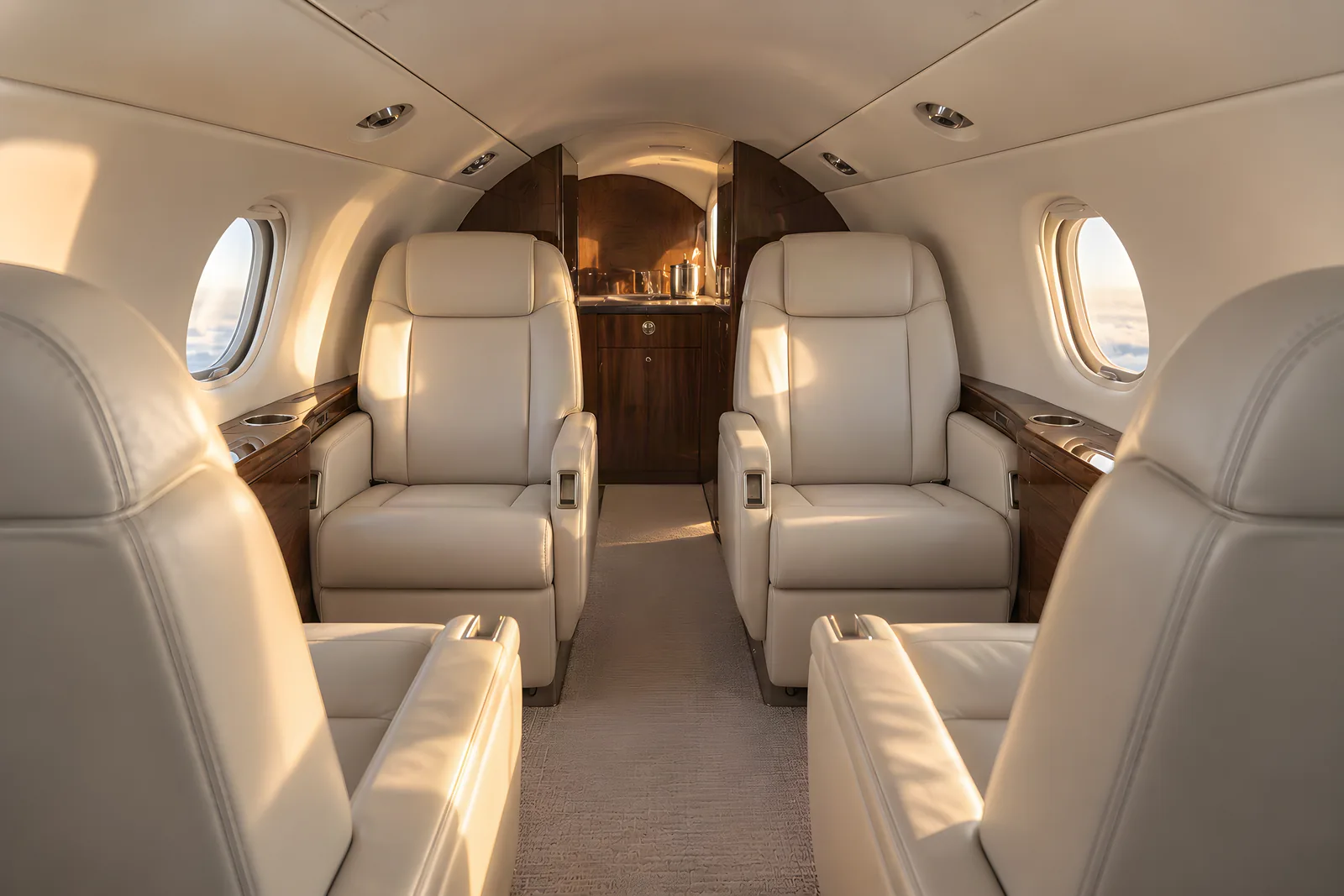 Embraer Phenom 100 cabin interior illustration: a warm sunlit Embraer Phenom 100 cabin viewed aft along a narrow aisle, with four cream leather club seats, rounded windows, wood veneer and a low curved ceiling.