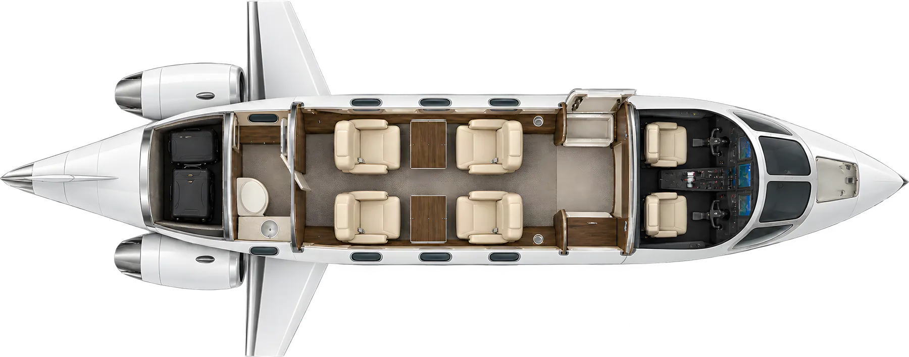 Embraer Phenom 100 seat map illustration: top-down view of the cabin. Typical 4-passenger layout: a club of four, forward refreshment cabinet, aft lavatory.