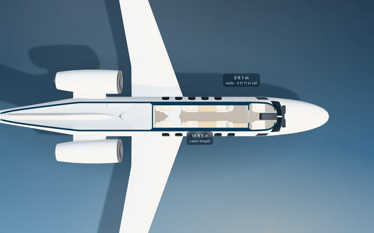 Embraer Phenom 300 series 3D seat map illustration: plan view cut through the 16 ft 5 in cabin, with a representative 6-seat layout.