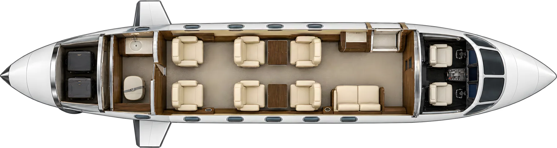 Embraer Phenom 300 series seat map illustration, layout 2: top-down view of the cabin. Typical 9-passenger layout: a forward two-place divan, a club of four, two aft seats and a belted aft lavatory.