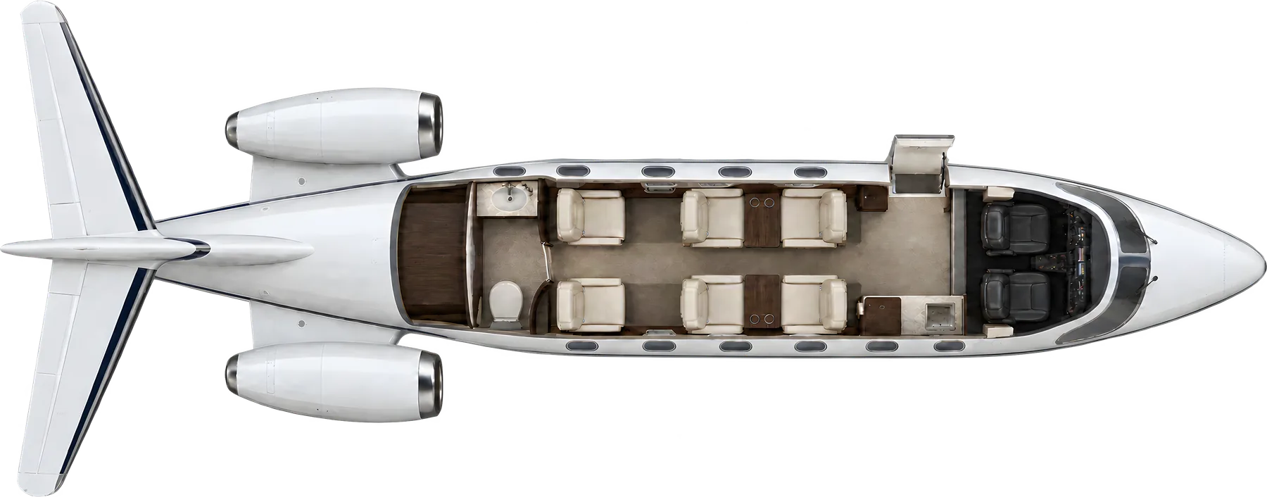 Embraer Phenom 300 series seat map illustration: top-down view of the cabin. Illustrated 6-main-seat Phenom 300E completion: forward club of four, two aft forward-facing chairs, forward refreshment center and compact aft lavatory. Optional seats and main wings omitted. Completion varies by aircraft.