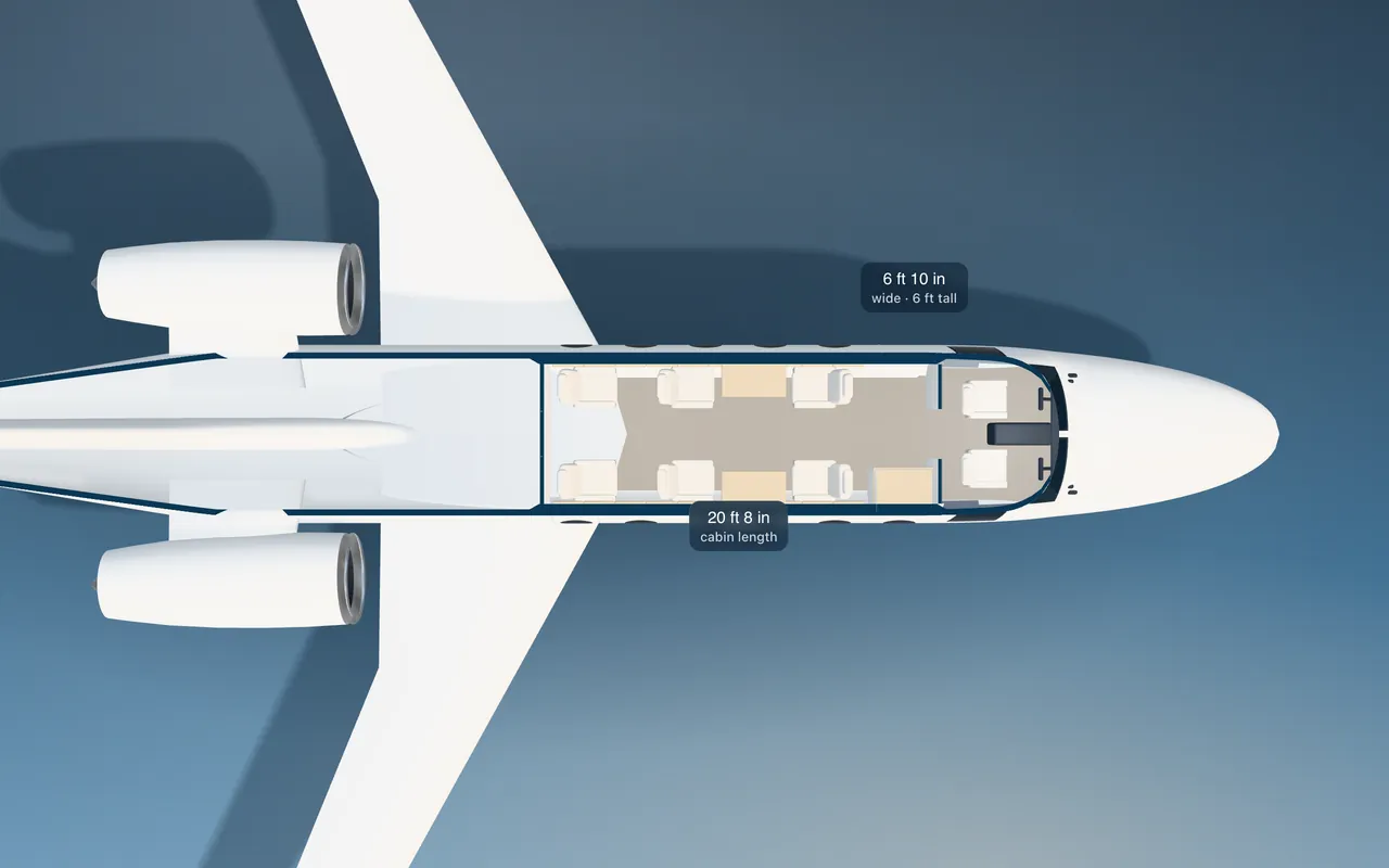 Embraer Praetor 500 3D seat map illustration: plan view cut through the 20 ft 8 in cabin, with a representative 6-seat layout.