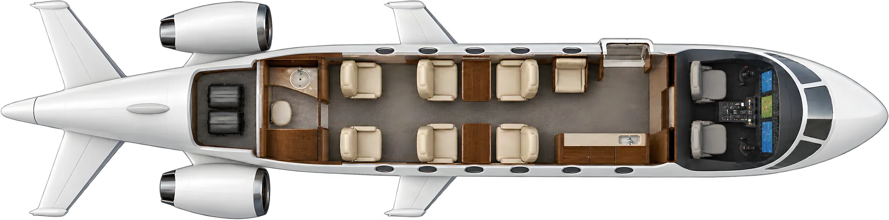 Embraer Praetor 500 seat map illustration: top-down view of the cabin. Typical 7-passenger layout: a club of four, two aft forward-facing seats, one forward side-facing seat, forward galley and aft lavatory.