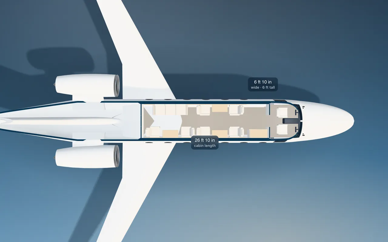 Embraer Praetor 600 3D seat map illustration: plan view cut through the 26 ft 10 in cabin, with a representative 9-seat layout.