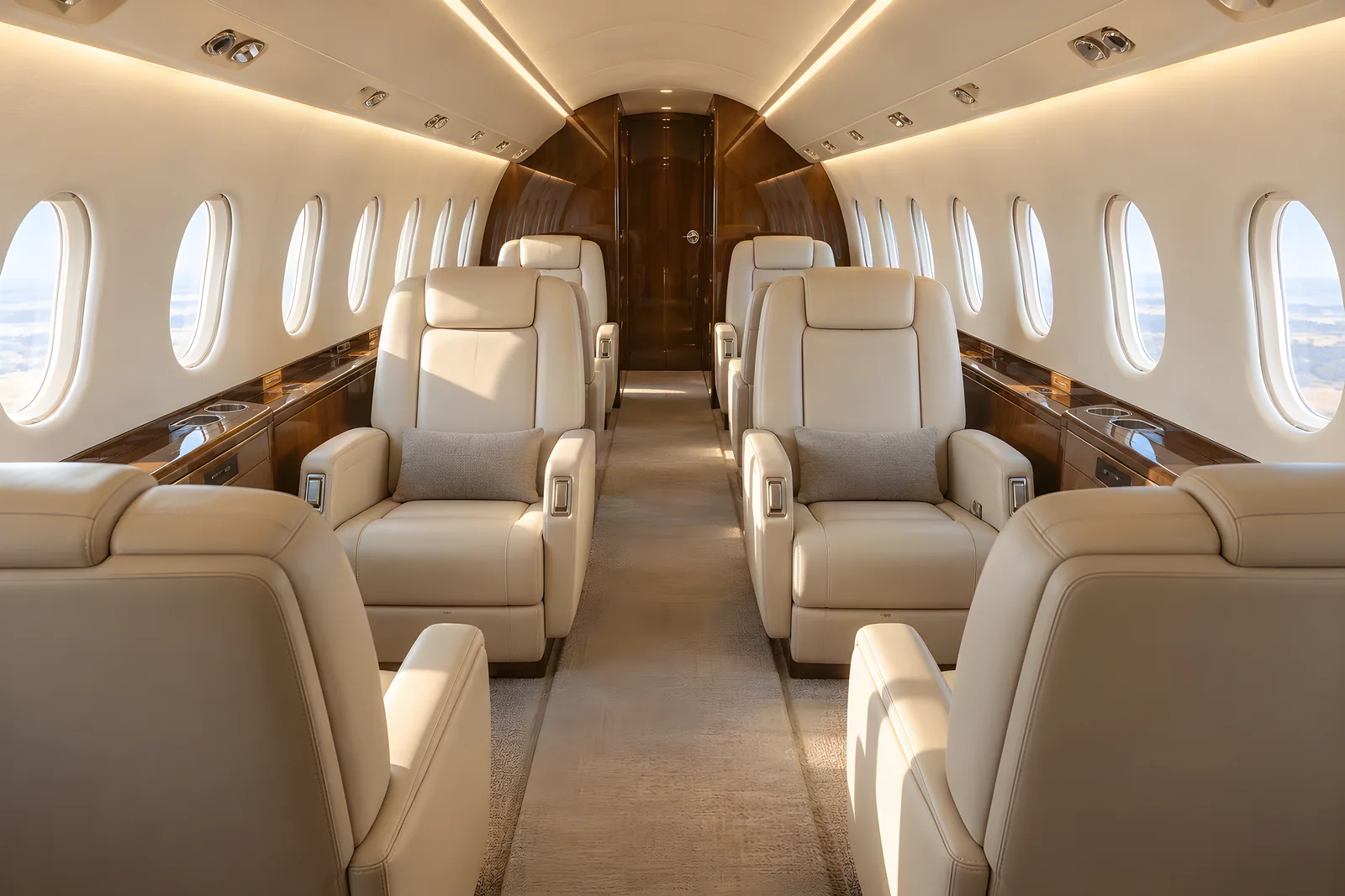 Embraer Praetor 600 cabin interior illustration: an eye-level view looking aft through an Embraer Praetor 600 cabin shows cream leather club seats, wood veneer, oval windows and a flat central aisle in warm natural light.