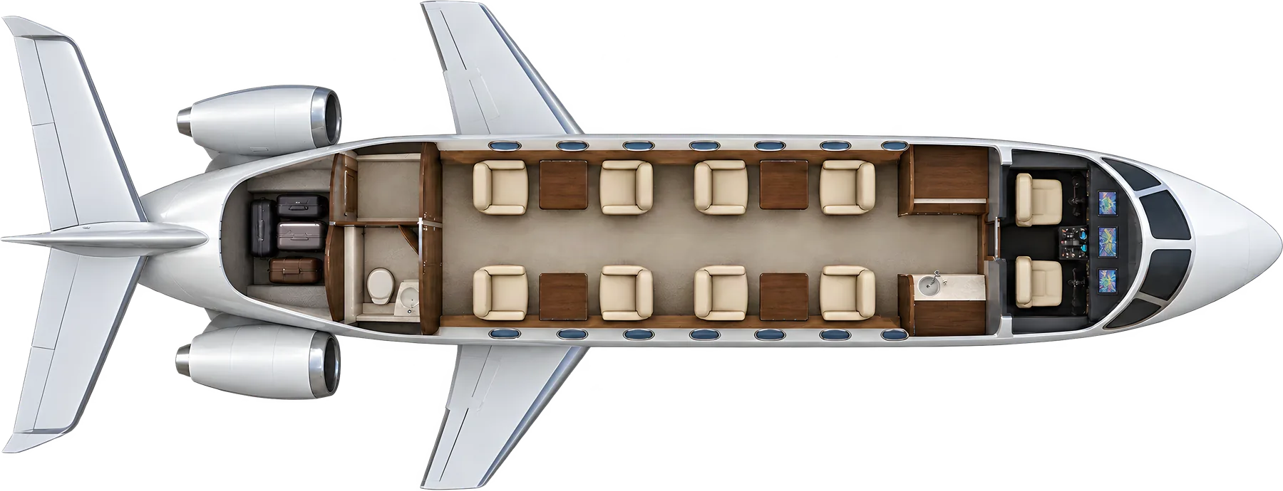 Embraer Praetor 600 seat map illustration: top-down view of the cabin. Typical 8-passenger layout: two four-seat clubs, forward galley, aft lavatory and baggage.
