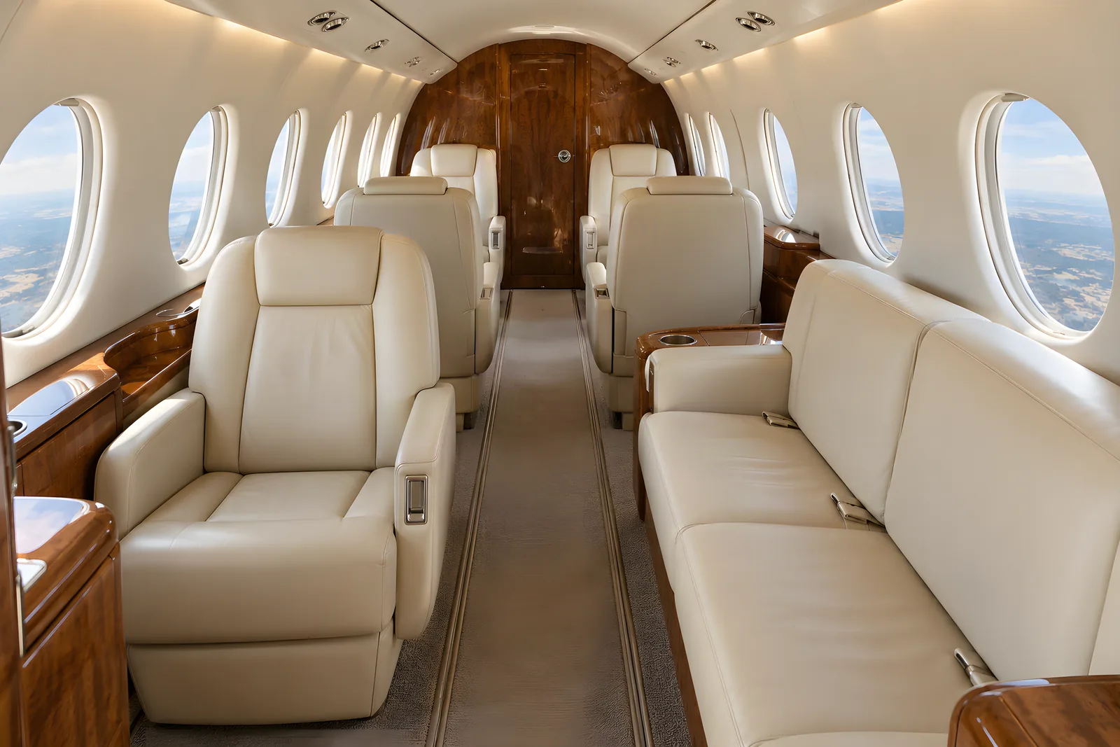 Gulfstream G150 cabin interior illustration: warm natural light fills a compact Gulfstream G150 cabin with cream leather seats, a two-place divan, oval windows, walnut veneer and a narrow aisle leading aft to the lavatory.