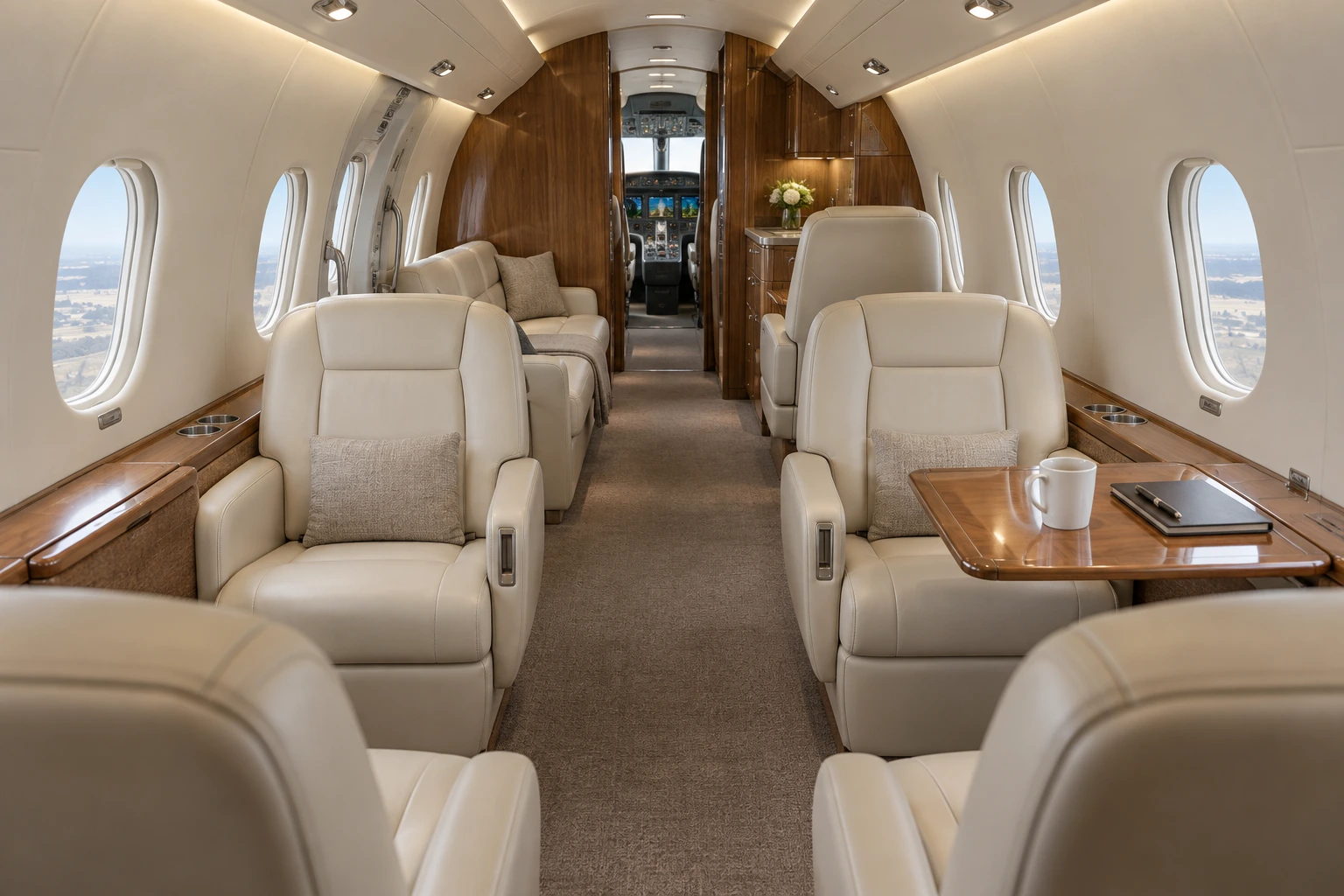 Gulfstream G150 (design reference) cabin interior illustration: g150 seven-passenger example. Illustrative interior, not a photograph of this aircraft.