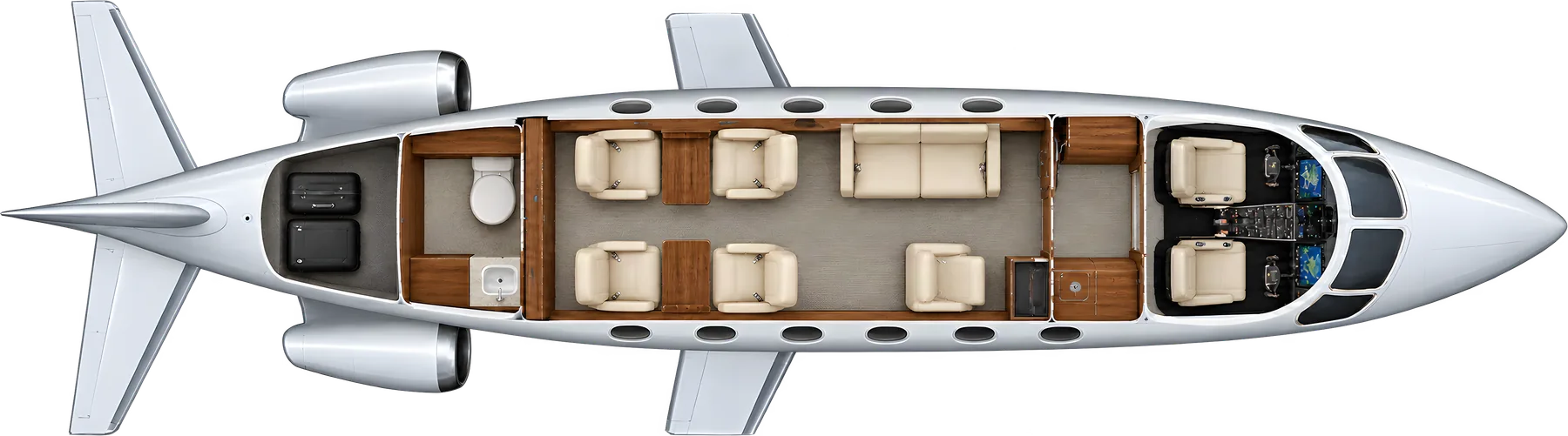 Gulfstream G150 seat map illustration. Typical 7-passenger layout: a forward two-place divan opposite one chair, an aft club of four, forward galley and aft lavatory.