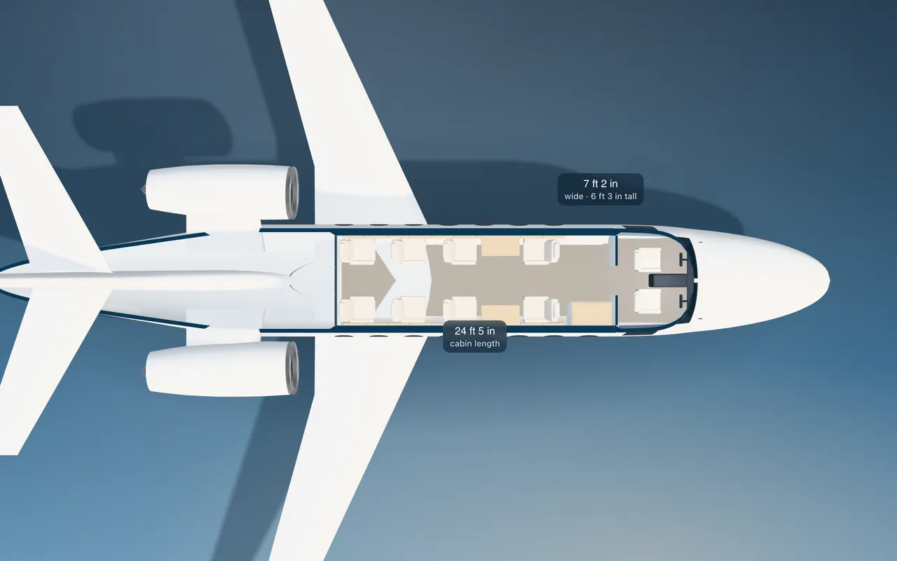 Gulfstream G200 3D seat map illustration: plan view cut through the 24 ft 5 in cabin, with a representative 8-seat layout.