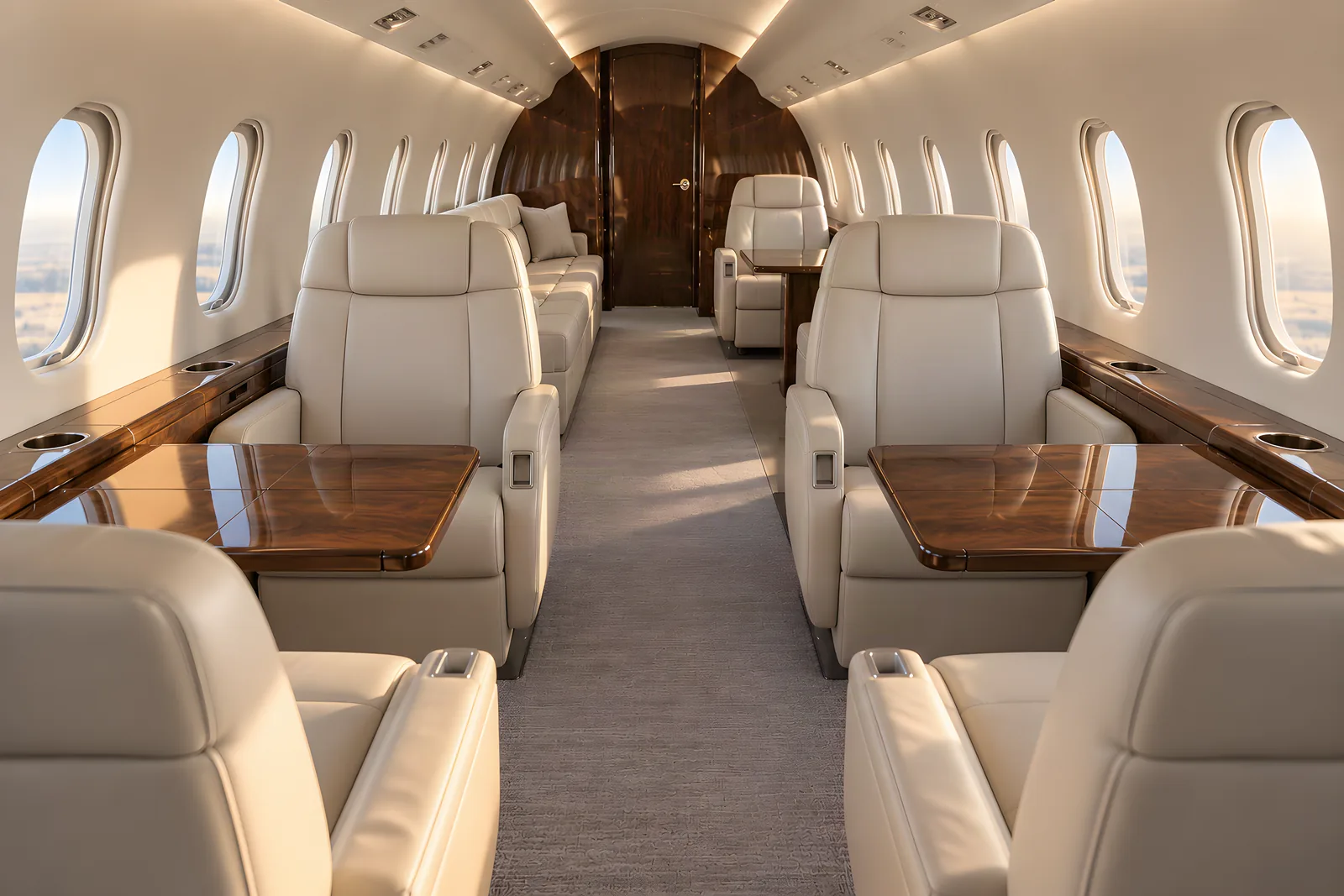 Gulfstream G200 cabin interior illustration: an eye-level view looking aft through a Gulfstream G200 cabin with cream leather club seats, a three-place divan, wood veneer cabinetry and upright oval windows in warm natural light.