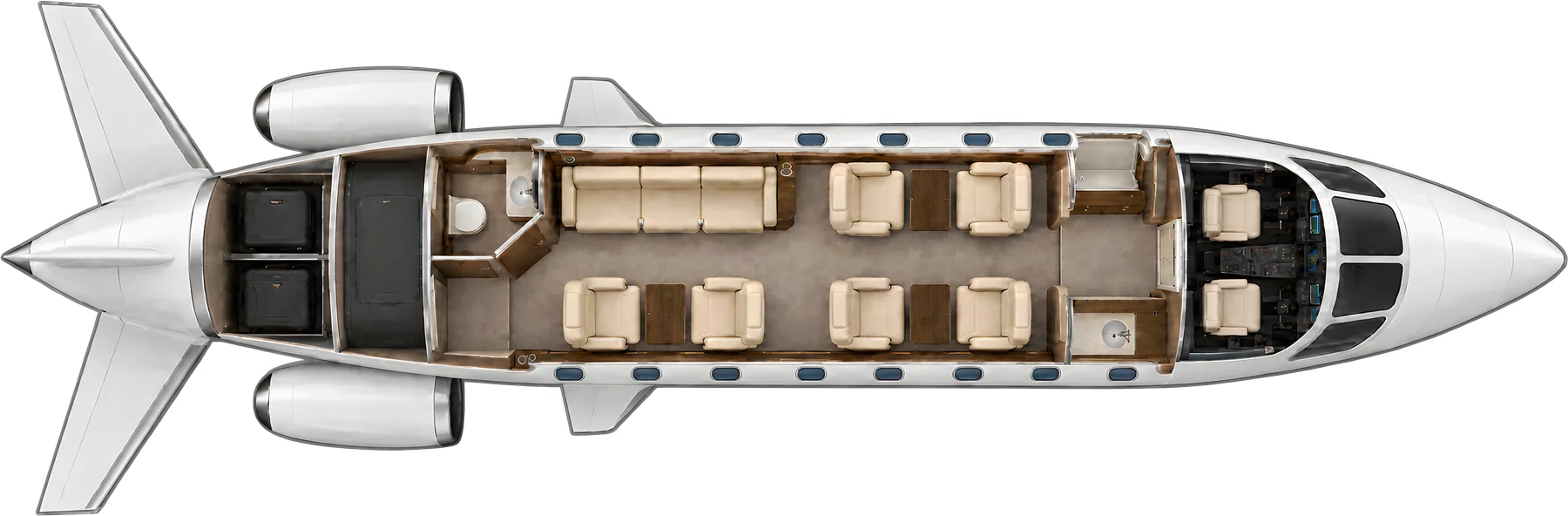 Gulfstream G200 seat map illustration: top-down view of the cabin. Typical 9-passenger layout: a forward club of four, two aft club seats facing a three-place divan, forward galley, aft lavatory.