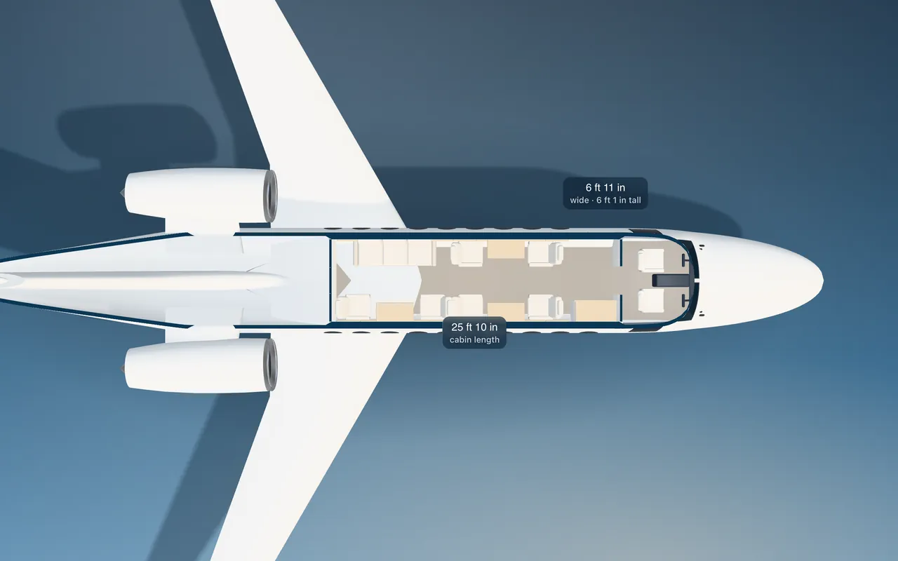 Gulfstream G280 3D seat map illustration: plan view cut through the 25 ft 10 in cabin, with a representative 9-seat layout.