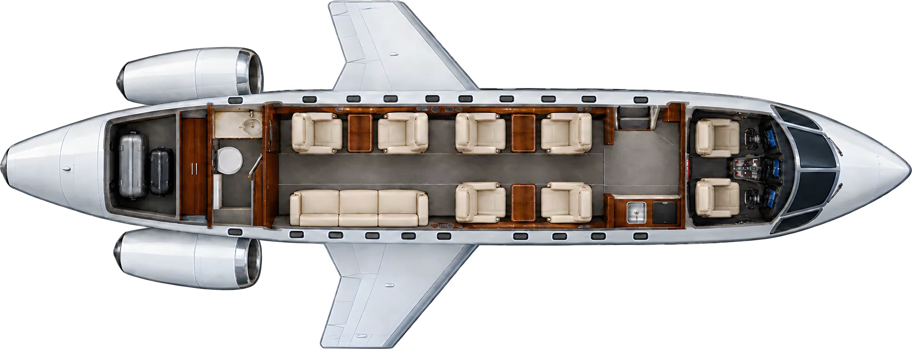 Gulfstream G280 seat map illustration: top-down view of the cabin. Typical 9-passenger layout: a club of four, two facing club seats opposite a three-place divan, forward galley, aft lavatory and baggage.