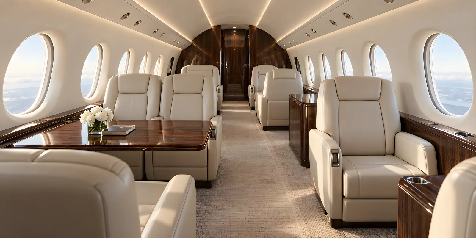 Gulfstream G450 cabin interior illustration: illustration of a Gulfstream G450 type cabin, 6 ft 2 in high and 7 ft 4 in wide, with cream seating, walnut veneer and oval windows.