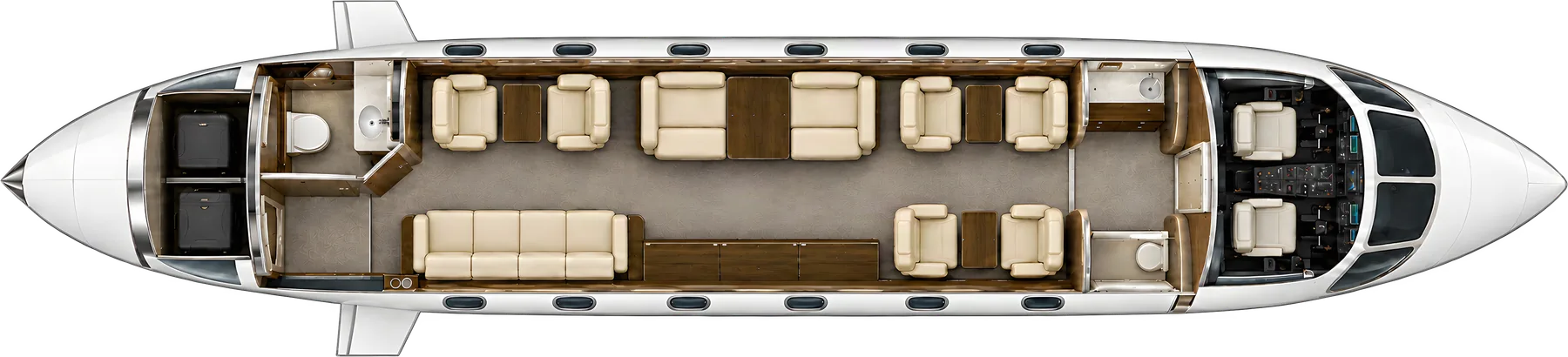Gulfstream G450 seat map illustration, layout 2: top-down view of the cabin. Typical 14-passenger layout: a club of four, four conference seats, two club seats opposite a four-place divan, forward galley and aft lavatory.