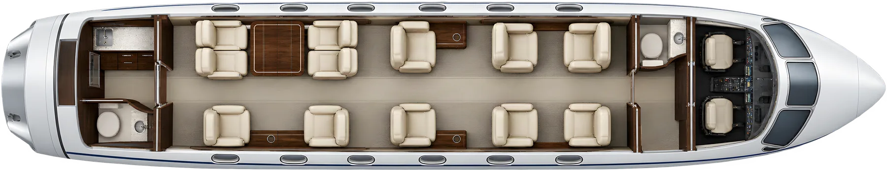 Gulfstream G450 seat map illustration: top-down view of the cabin. Illustrative 12-passenger layout: forward four-seat club, two middle chairs, aft four-place conference group and two opposite chairs; aft galley.