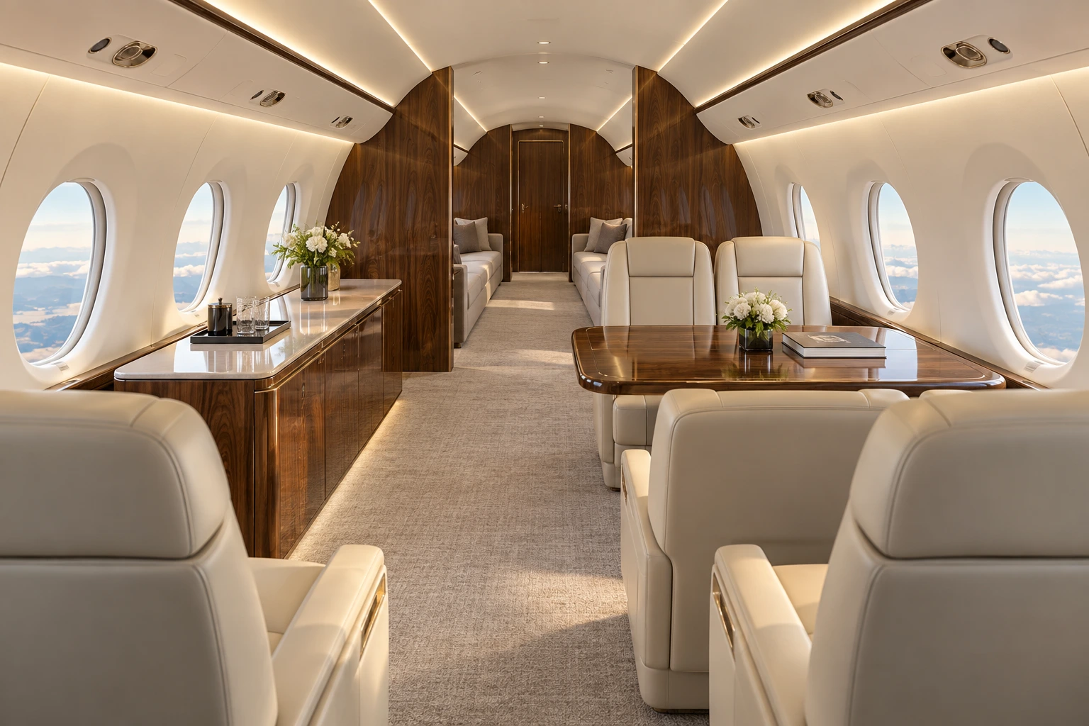 Gulfstream G500 cabin interior illustration: a warm sunlit Gulfstream G500 cabin viewed aft down the aisle has cream leather club seats, wood veneer cabinetry, large oval windows, a conference group and an aft divan.