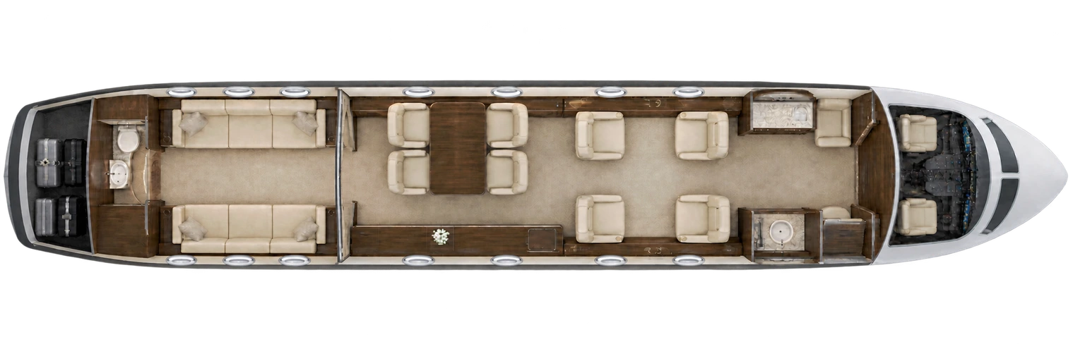 Gulfstream G500 seat map illustration: top-down view of the cabin. Fourteen main passenger places: four forward club chairs, four port conference chairs and two three-place aft divans. Separate pilots, jumpseat and lavatories excluded. Serial 72047 completion example; actual interiors vary.