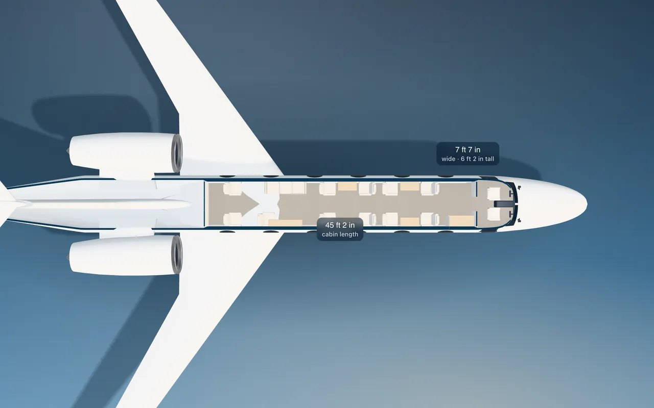 Gulfstream G600 3D seat map illustration: plan view cut through the 45 ft 2 in cabin, with a representative 14-seat layout.