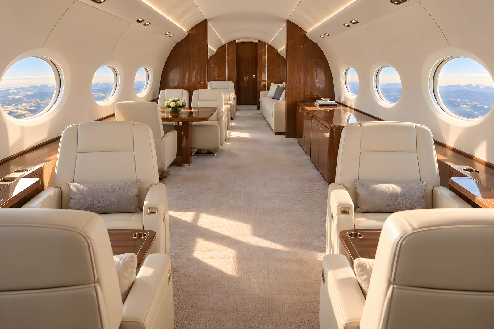 Gulfstream G600 cabin interior illustration: an eye-level view looking aft through a Gulfstream G600's spacious stand-up cabin shows cream leather club and conference seating, an aft divan, wood veneer cabinetry, and warm natural light through panoramic oval windows.