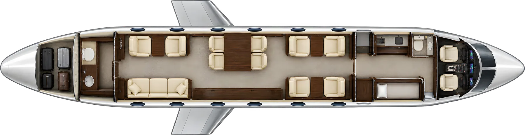 Gulfstream G600 seat map illustration: top-down view of the cabin. Typical 13-passenger layout: four club seats, four conference seats, two club seats opposite a three-place divan, forward galley, aft lavatory.