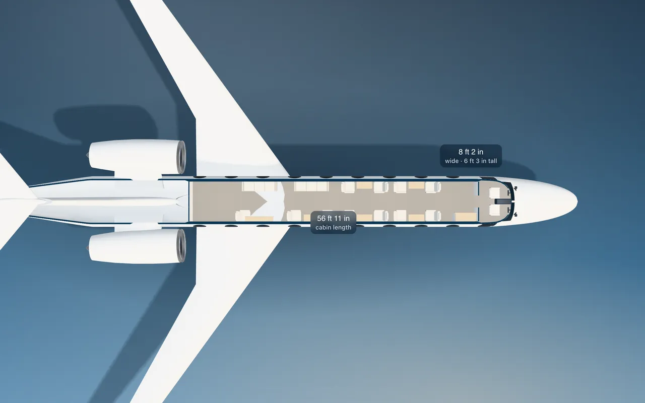 Gulfstream G700 3D seat map illustration: plan view cut through the 56 ft 11 in cabin, with a representative 17-seat layout.