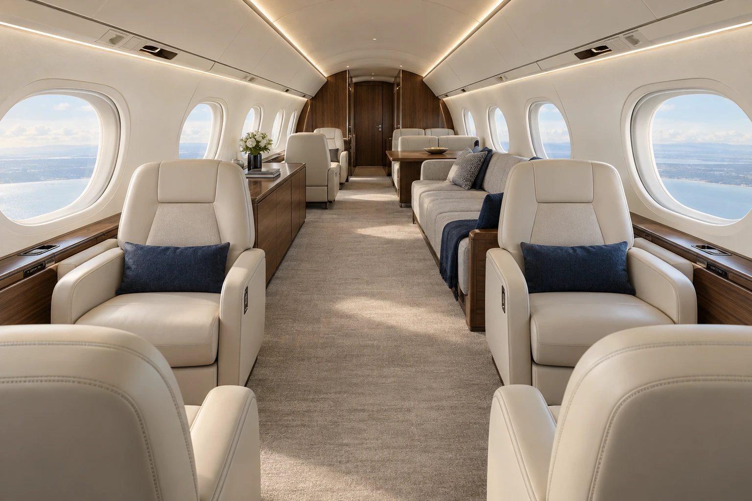 Gulfstream G700 cabin interior illustration: g700, Qatar Executive's published 13-passenger configuration cabin illustration. Actual layout and equipment vary; not a photograph of this aircraft.