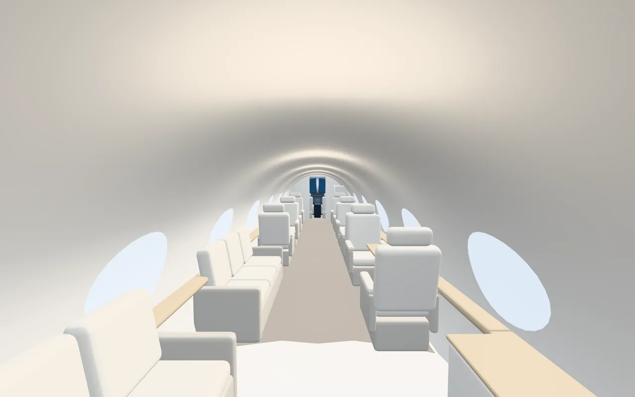 Gulfstream G800 3D cabin interior illustration looking forward: a representative 17-seat layout in a 8 ft 2 in wide, 6 ft 3 in tall cabin.