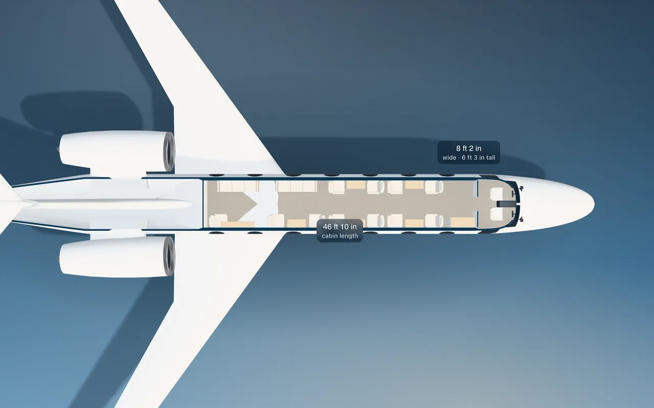 Gulfstream G800 3D seat map illustration: plan view cut through the 46 ft 10 in cabin, with a representative 17-seat layout.