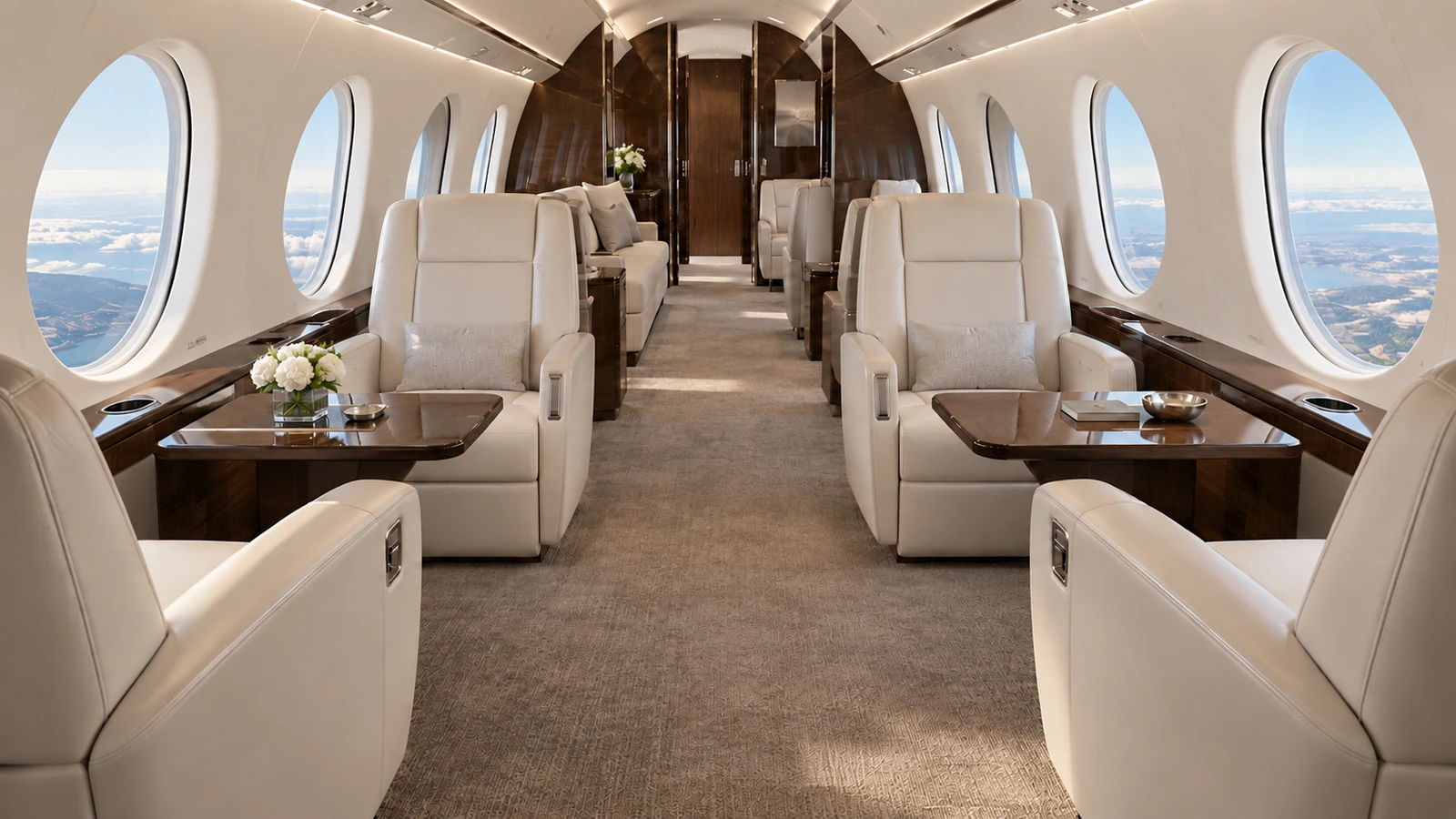 Gulfstream G800 cabin interior illustration: representative Gulfstream G800 forward club cabin with cream leather chairs, large oval windows and a clear aisle. Materials and decor are illustrative.